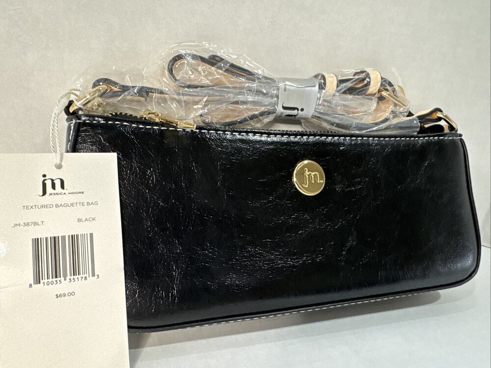 Jessica Moore Textured Black Beige Strap Baguette Bag Purse~w/Dust Bag - NWT